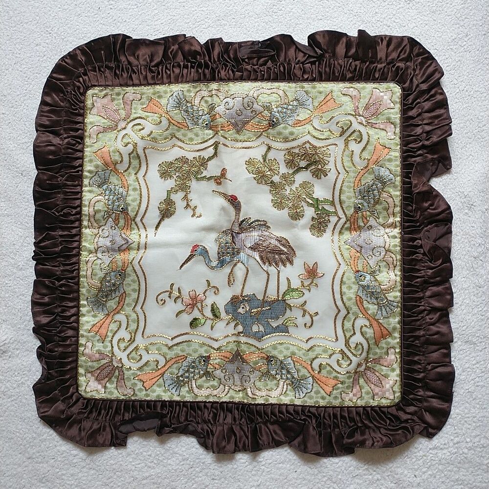VTG GoldenCloud Pillow Cover Bird Flower Fish Silk Rayon Embroidered Ruffle
